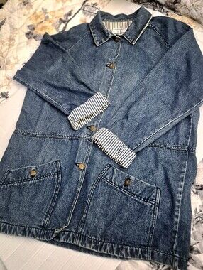 Vintage 90s Accordeon Striped Cuff Denim Chore Jacket Coat M Women's
